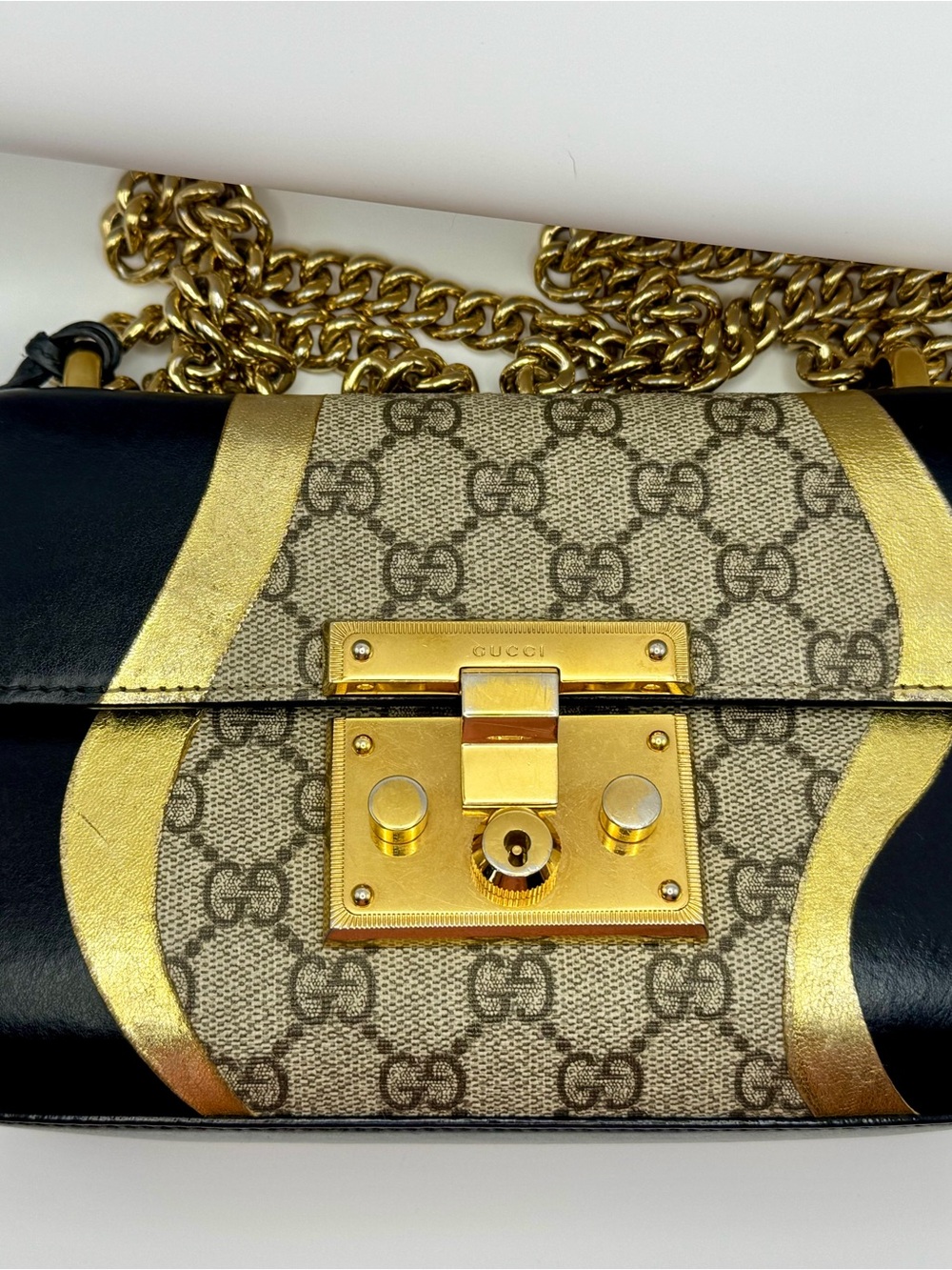 Gucci Beige GG Supreme Crossbody with Black Leather and Gold Accents
